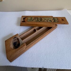 Vintage Wood Pencil Box Swivel Arm Top, Slide Top